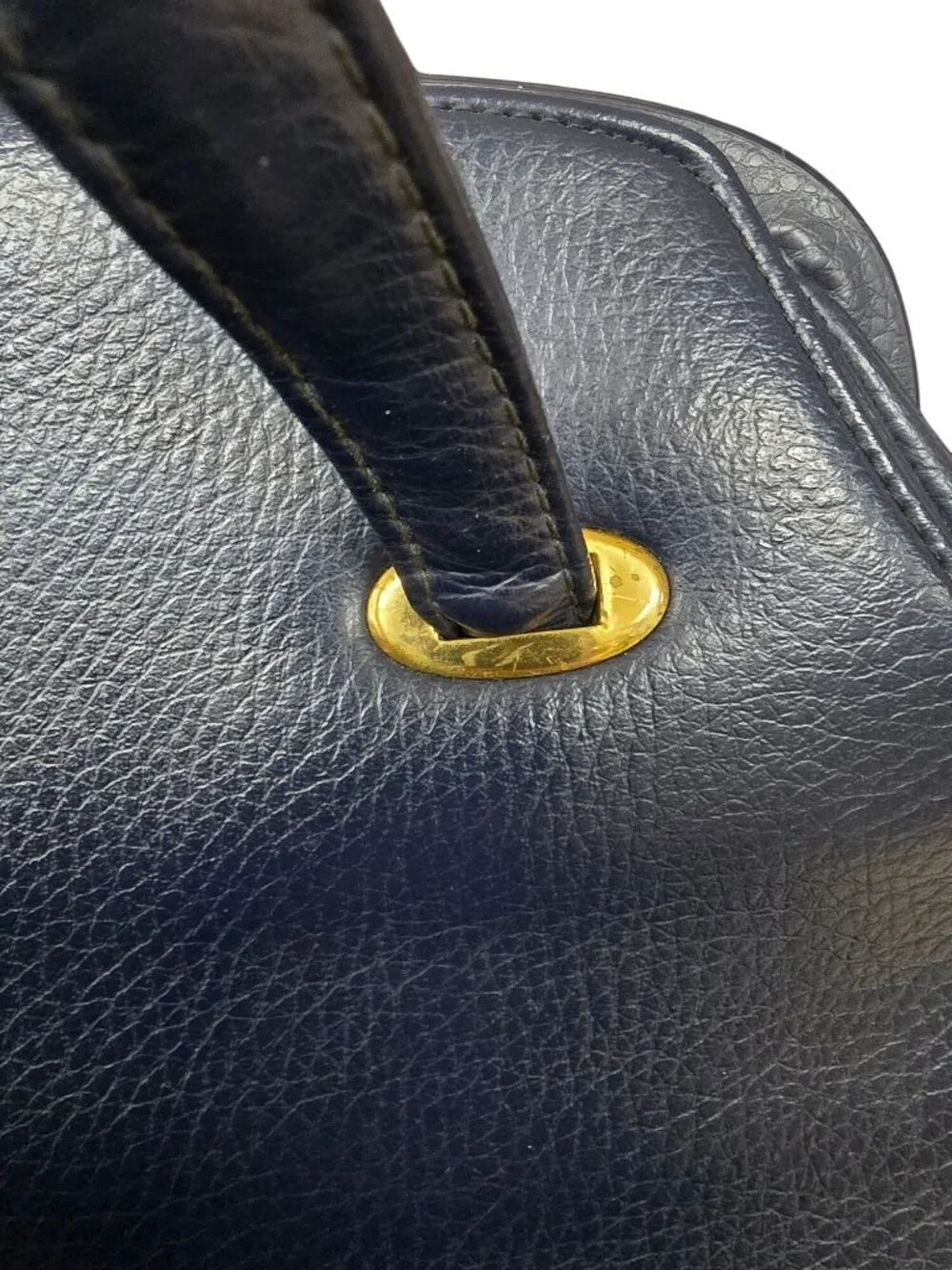 Vintage Navy Blue Leather Handbag Gold Hardware Top Handles & Beige Interior - Picture 7 of 16